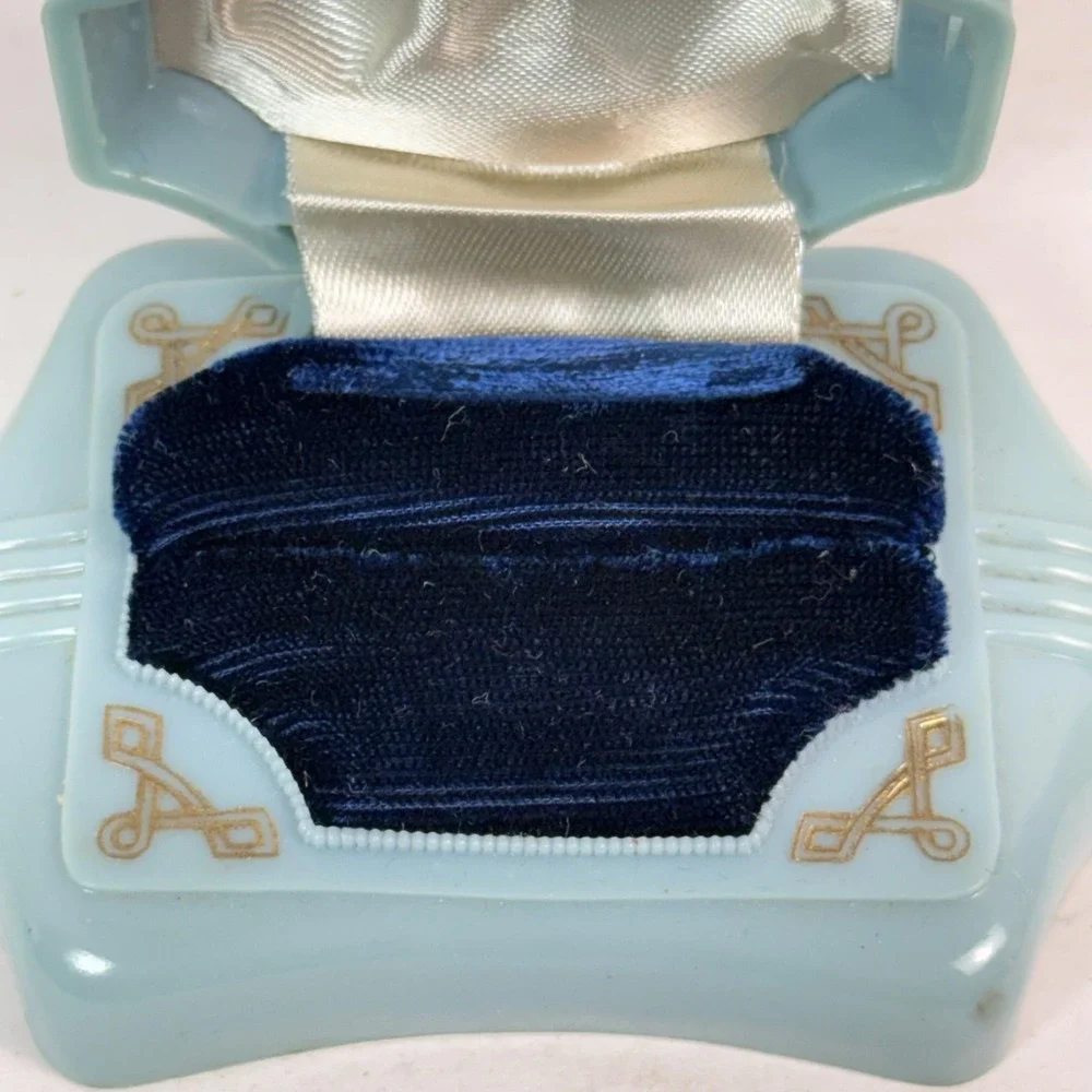Vintage Dennison Blue Plastic Ring Box Art Deco Velvet Jewelry Case USA